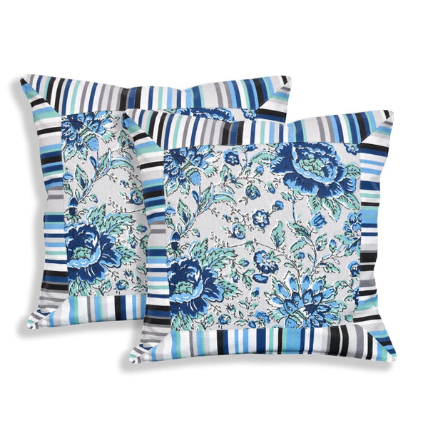 Blue Flower Design Diwan Set (5 Cushion Cover + 2 Bolster 