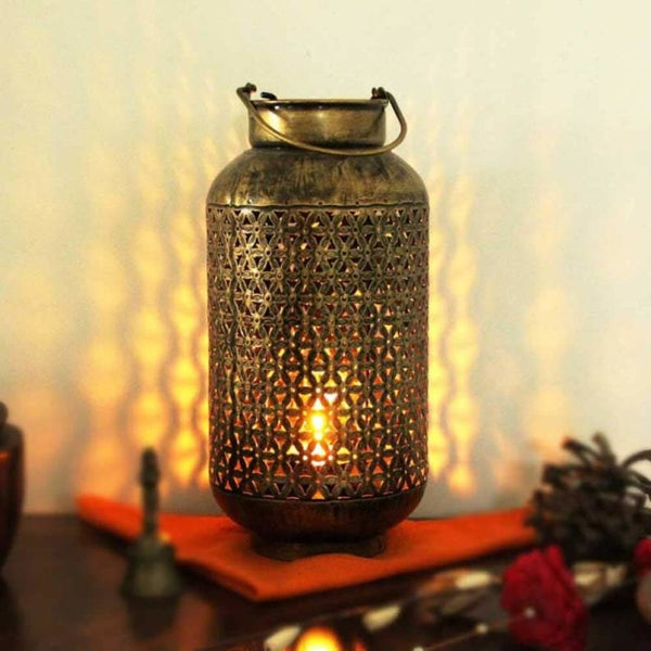 Burni Diya Lantern with Hanger - Handcrafted Antique Golden Polished Spiritual Wall Decor Piece