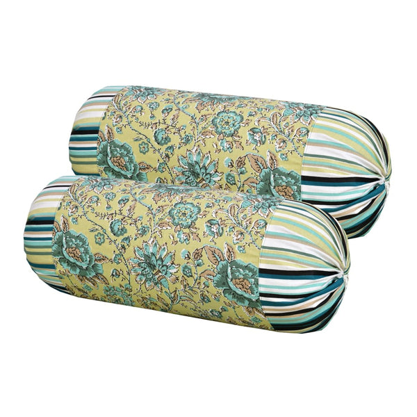 Green Floral Design Diwan Set (5 Cushion Cover + 2 Bolster 