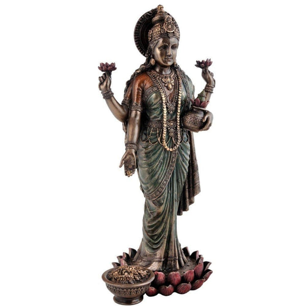 India Hindu Goddess Maa Laxmi Idol Bronze Statue - Standing Devi Lakshmi Cold Cast Sculpture Temple Puja Home Decor Murti