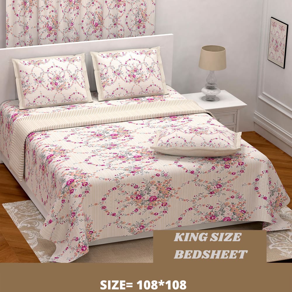 Light Pink Floral Design King Size Bedsheet With Set of-2 Cushion Cover