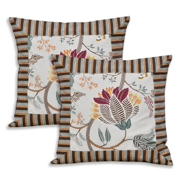 Off white with maroon Leaf Design Diwan Set (5 Cushion Cover