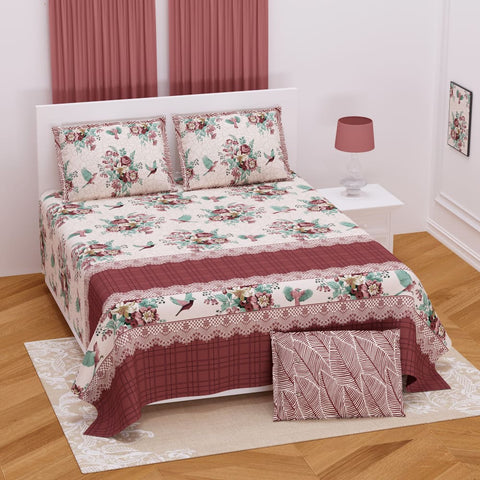 abalone Color Floral Bird Design Bedsheet Set (2 Pillow 