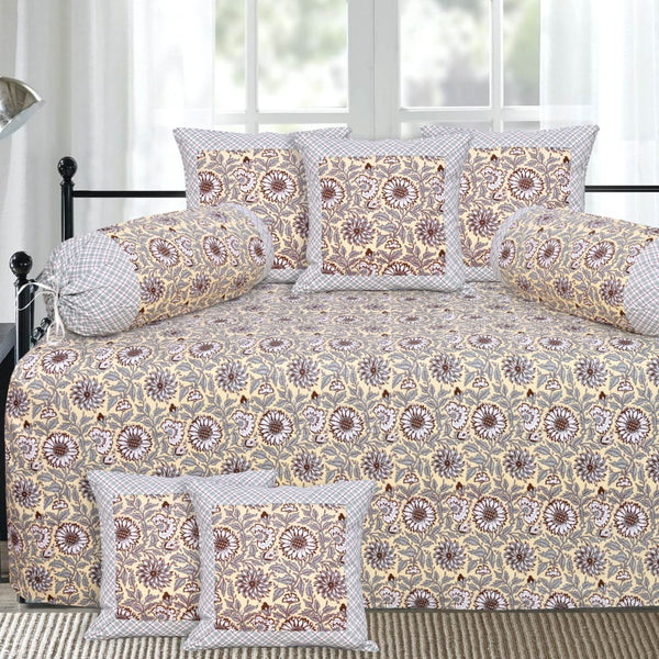 Amber Floral Designa Diwan Set (5 Cushion Cover + 2 Bolster 