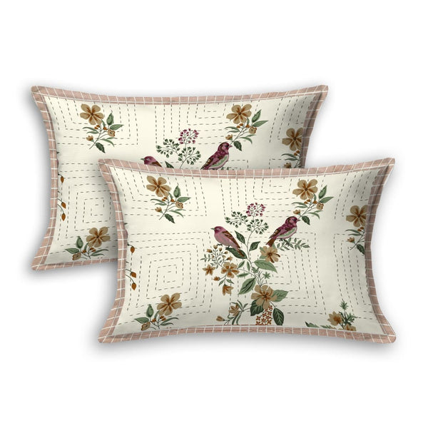 Beige Color Floral Bird Design Bedsheet Set (2 Pillow Cover)