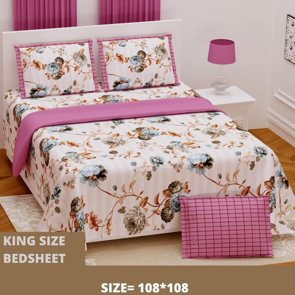 Big Flower Cream Printed King Size Bedsheet With Set of-2 Cushion Cover