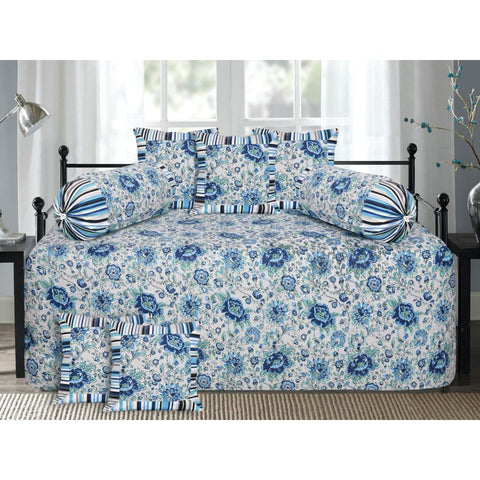 Blue Flower Design Diwan Set (5 Cushion Cover + 2 Bolster 