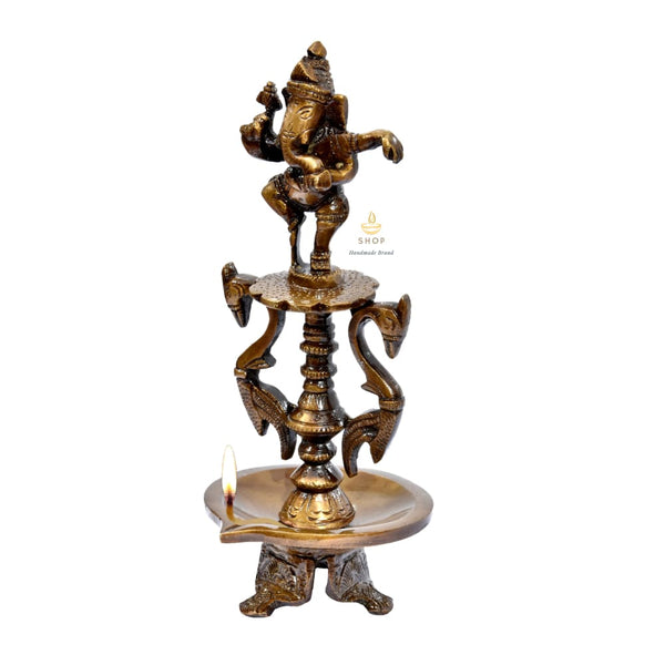 Brass Dancing Ganesha Oil Diya with Base (Antique Gold)