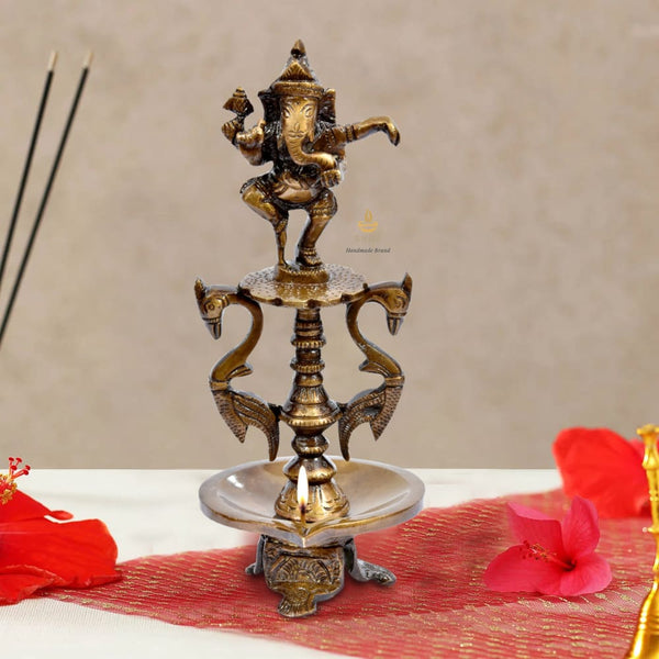 Brass Dancing Ganesha Oil Diya with Base (Antique Gold)