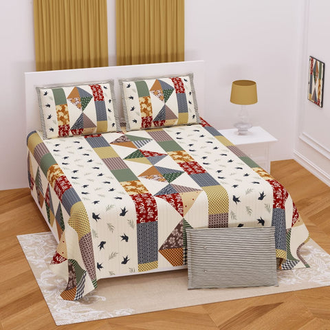 Cream Color Bird Design King size Bedsheet Set (2 Pillow 