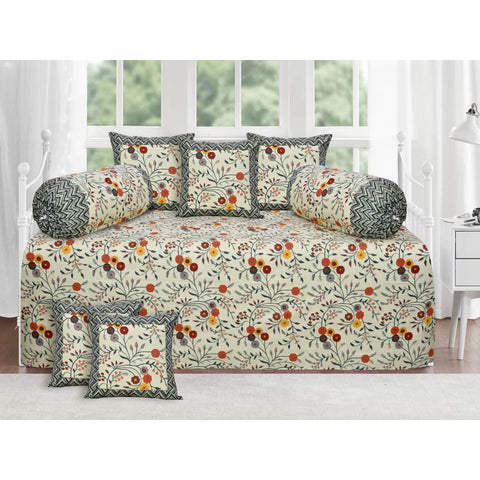Cream flower Design Diwan Set (5 Cushion Cover + 2 Bolster 