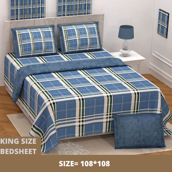 Denim Design Boxes King Size Printed Bedsheet With Set of-2 Cushion Cover