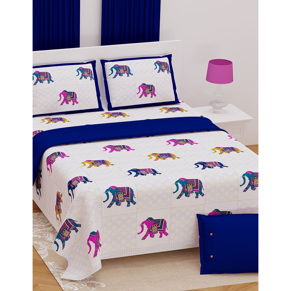 Elephant Design Kantha Pattern Bedsheet with Set of 2 