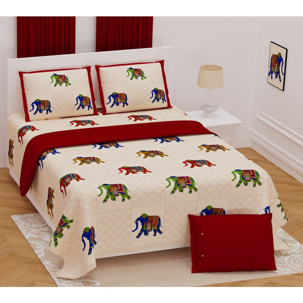 Elephant Design Kantha Pattern Bedsheet with Set of 2 