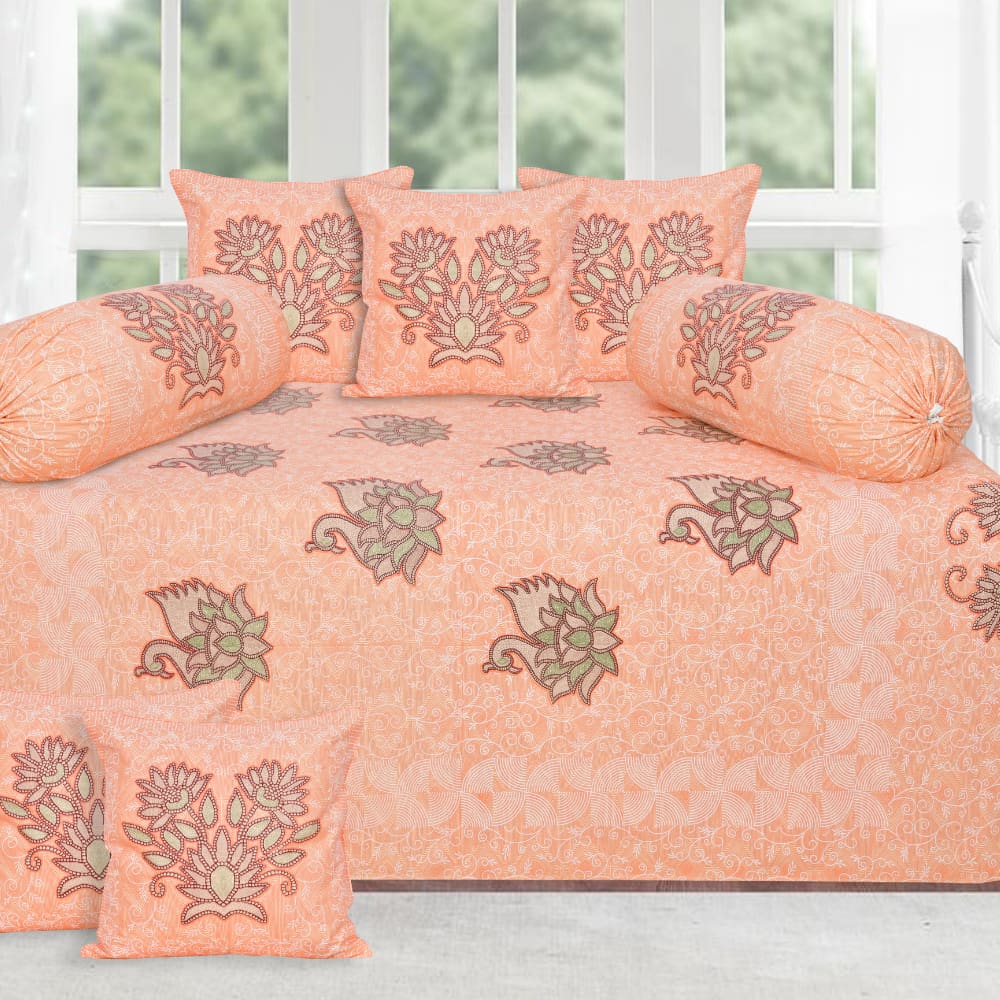 Flamingo Lotus Design Diwan Set (5 Cushion Cover + 2 Bolster