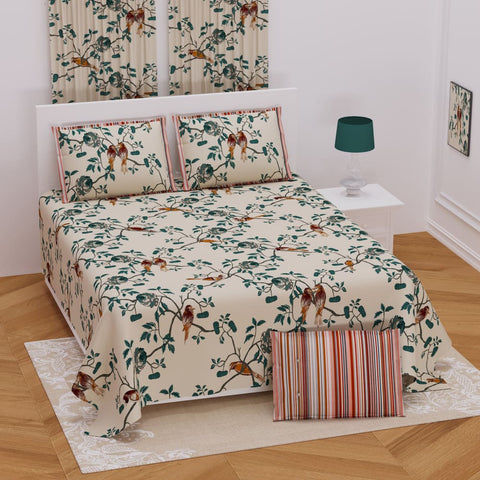 Floral Bird Design Cream Multi Color Bedsheet Set (2 Pillow 
