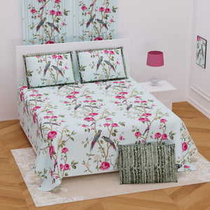 Floral Bird Design Green multi Color Bedsheet Set (2 Pillow 