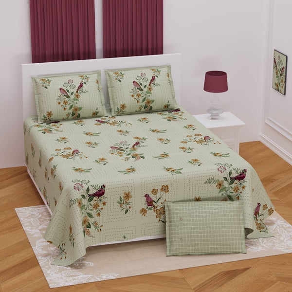 Floral Bird Design Multi Color Bedsheet Set (2 Pillow 