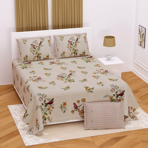Floral Bird Design Multi Color Bedsheet Set (2 Pillow 