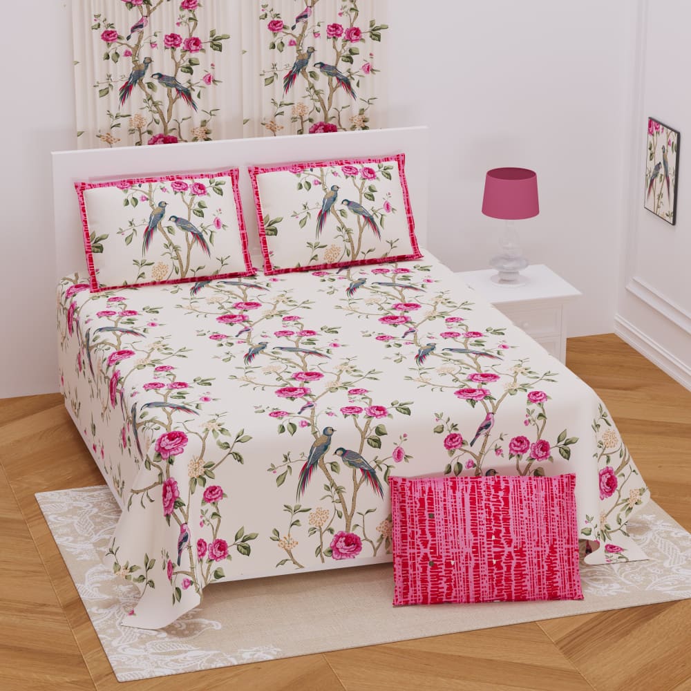 Floral Bird Design Pink multi Color Bedsheet Set (2 Pillow 