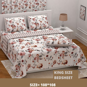 Floral Cream Printed King Size Bedsheet With Set of-2 Cushion Cover