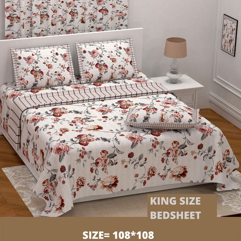 Floral Cream Printed King Size Bedsheet With Set of-2 Cushion Cover