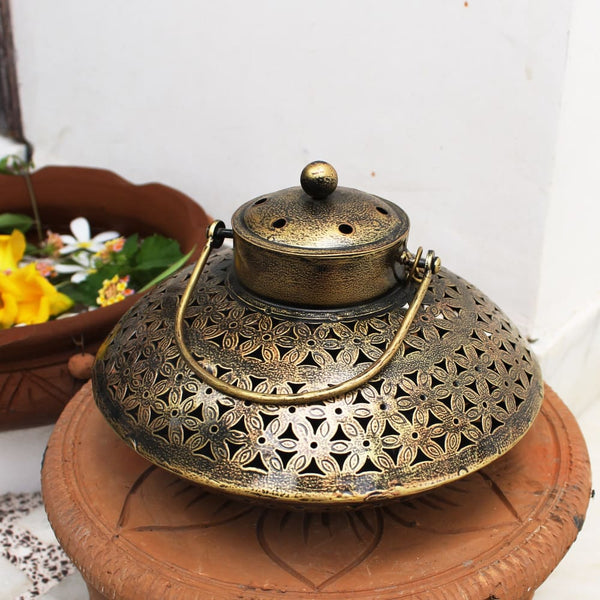 Handcrafted Iron Degchi Handi Pot - A Dhoop Incense Holder with Brass Bell Art Iron Hanger