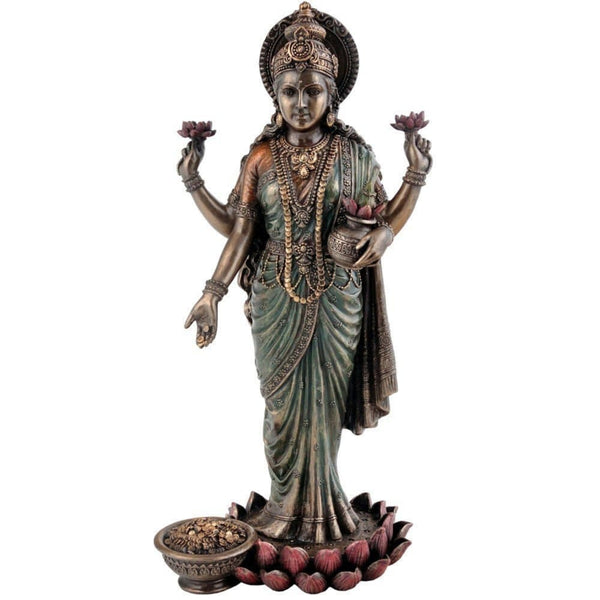 India Hindu Goddess Maa Laxmi Idol Bronze Statue - Standing Devi Lakshmi Cold Cast Sculpture Temple Puja Home Decor Murti