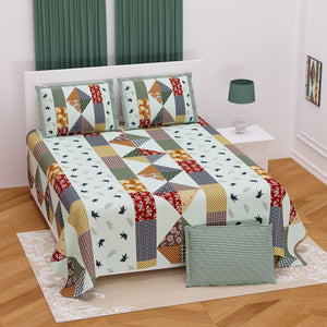 Light Green Bird Design King size Bedsheet Set (2 Pillow 