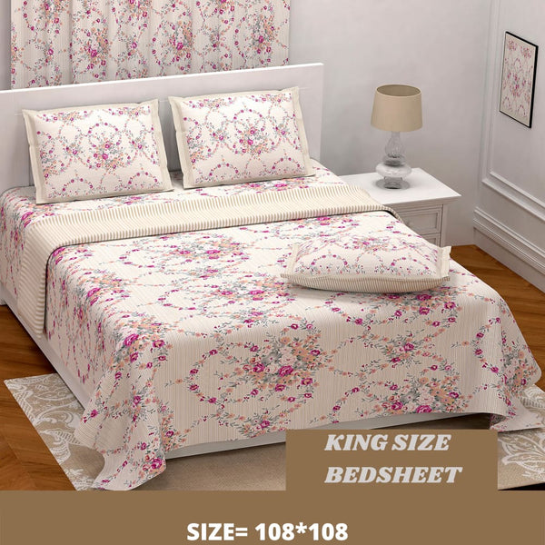 Light Pink Floral Design King Size Bedsheet With Set of-2 Cushion Cover