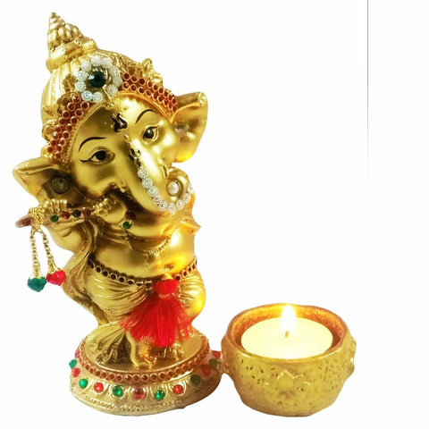 Lord Ganesha Playing Bansuri Idol with Diya for Home (9.5 cm x 6.5 cm x 15 cm, Gold)