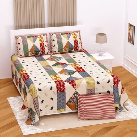 Multi Color Geometric Bird Design King size Bedsheet Set (2 