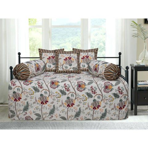 Off white with maroon Leaf Design Diwan Set (5 Cushion Cover