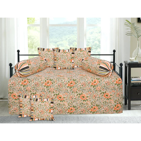 Orange floral Design Diwan Set (5 Cushion Cover + 2 Bolster 
