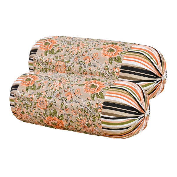 Orange floral Design Diwan Set (5 Cushion Cover + 2 Bolster 