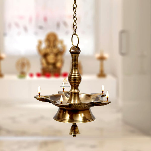 Panchmukhi Brass Hanging Diya With Hanger & Bells