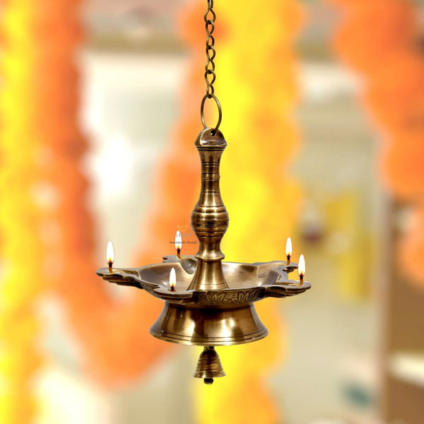 Panchmukhi Brass Hanging Diya With Hanger & Bells