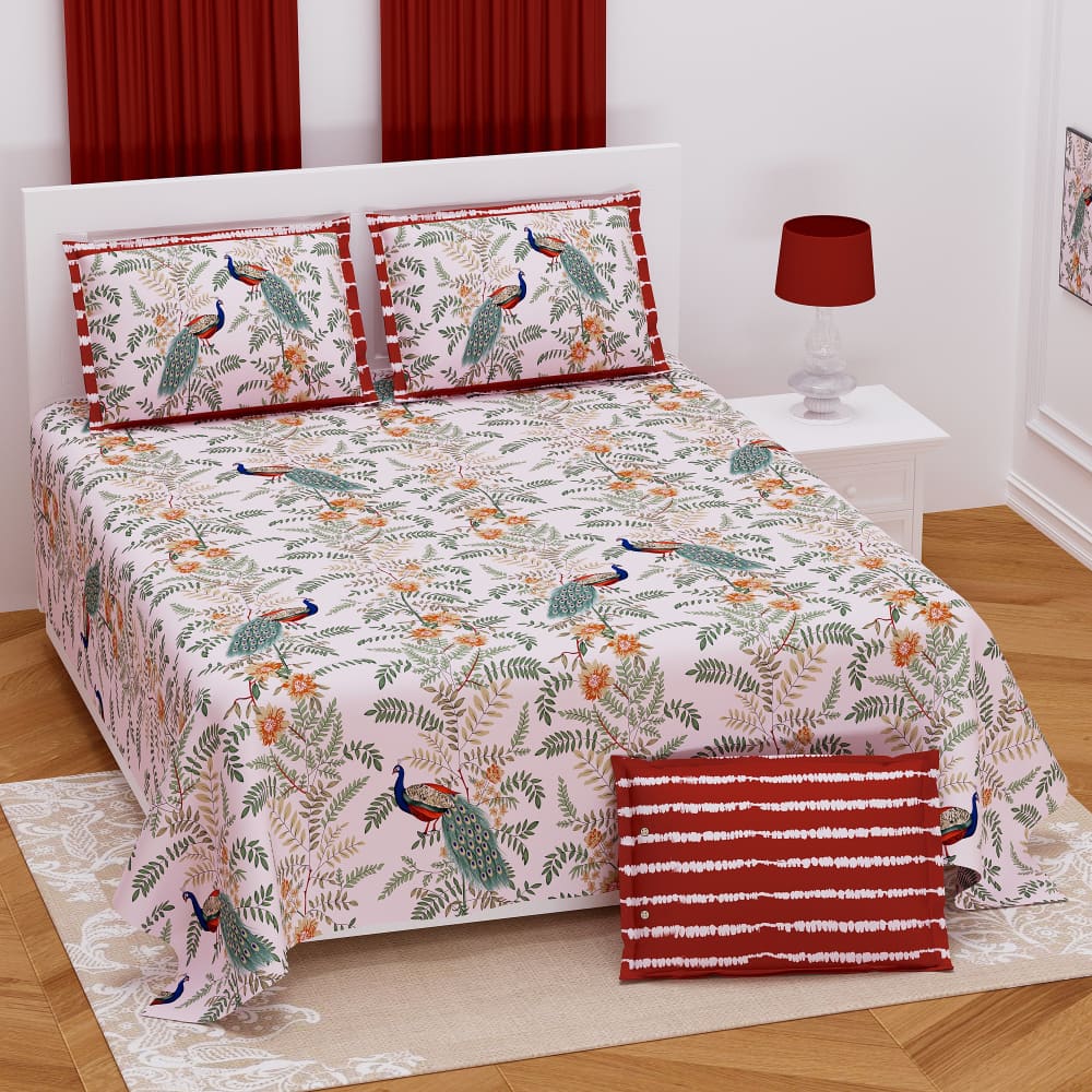 Pink Color Floral Bird Design Bedsheet Set (2 Pillow Covers)