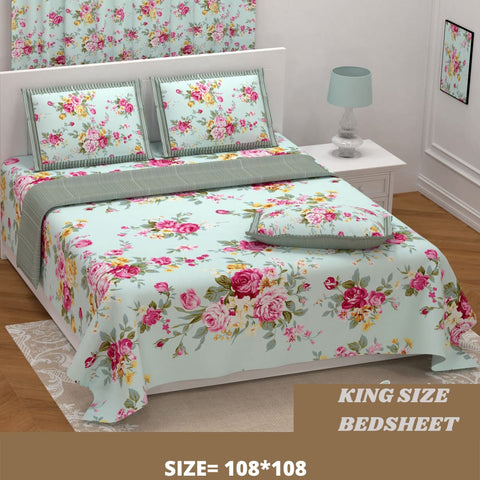 Rose Floral Pattern Printed King Size Bed Sheet With Set of-2 Cushion Cover