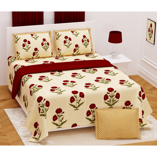 Rose Kantha Pattern Design Bedsheet with Set of 2 Cushion 