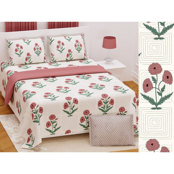 Rose Kantha Pattern Design Bedsheet with Set of 2 Cushion 