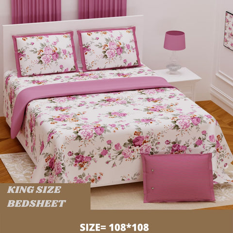 Rosy Pink Floral Design King Size Bedsheet With Set of-2 Cushion Cover