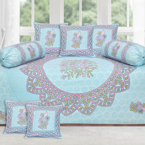 Sky Blue Floral Design Diwan Set (5 Cushion Cover + 2 