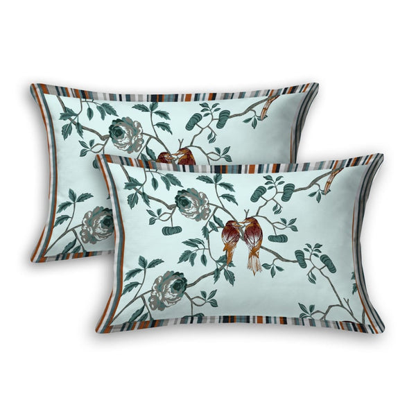 Sky Color Floral Bird Design Bedsheet Set (2 Pillow Cover)