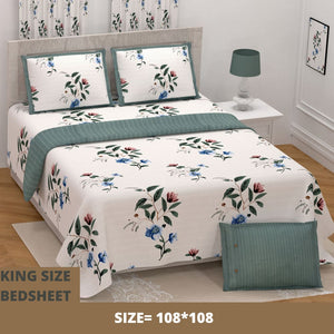 Small Tree Leafs Printed White King Size Bedsheet With Set of-2 Cushion Cover