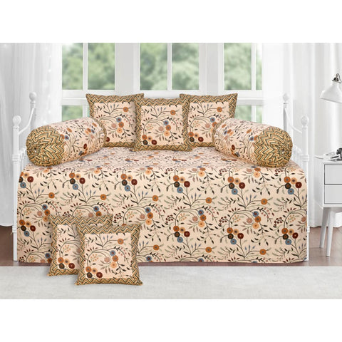 Tan Floral Design Diwan Set (5 Cushion Cover + 2 Bolster 