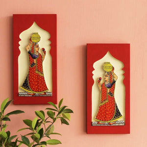 Traditional Rajasthani Women Painting- Set of 2 (Red)