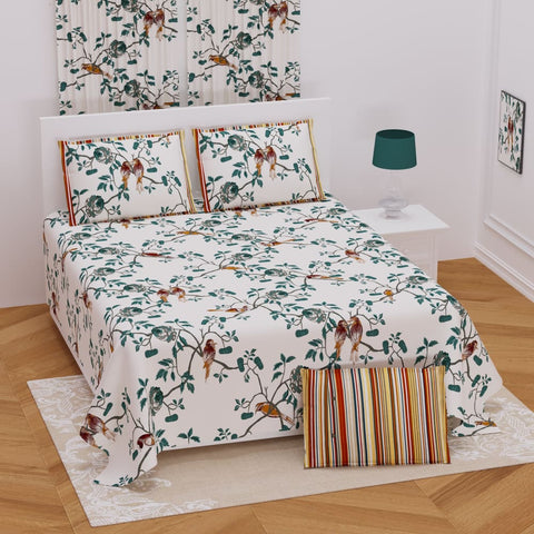 White Color Floral Bird Design Bedsheet Set (2 Pillow 