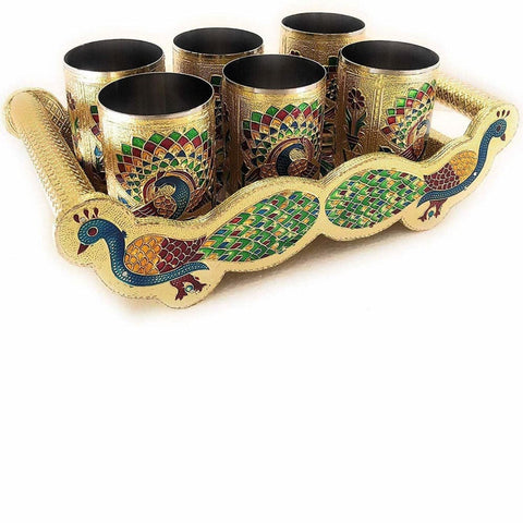 Wooden Glass And Trey Set - 7 Pieces, Multicolour